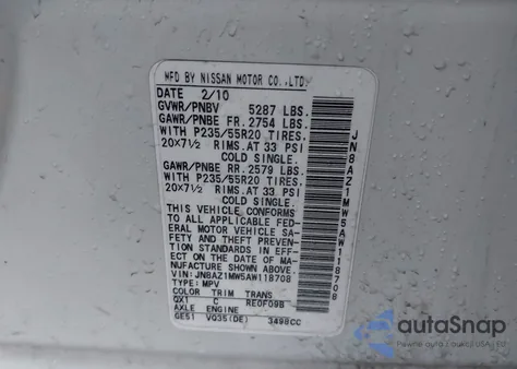 2010 Nissan Murano Le из США, поврежденный, VIN JN8AZ1MW5AW118708